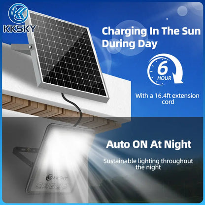 Solar light waterproof outdoor flood street lights day charging night auto on, solar panel with 16.4ft extension cord