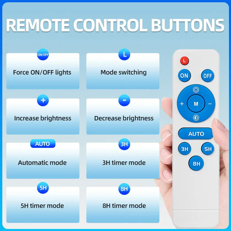Remote control buttons for solar light outdoor waterproof IP67 LED flood street light, timing, dimming, auto mode function