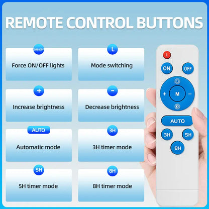 Remote control buttons for solar light outdoor waterproof IP67 LED flood street light, timing, dimming, auto mode function