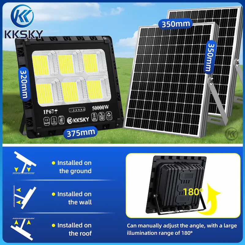Solar Lights Outdoor LED Waterproof dimension size, 180° adjustable solar flood light, install on wall roof ground for outdoor