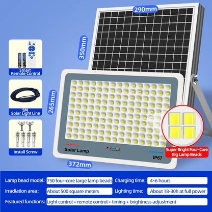 Solar flood light full specifications dimension, accessories including remote, 5m cable, mounting screws, 750 pcs four‑core lamp beads solar street light