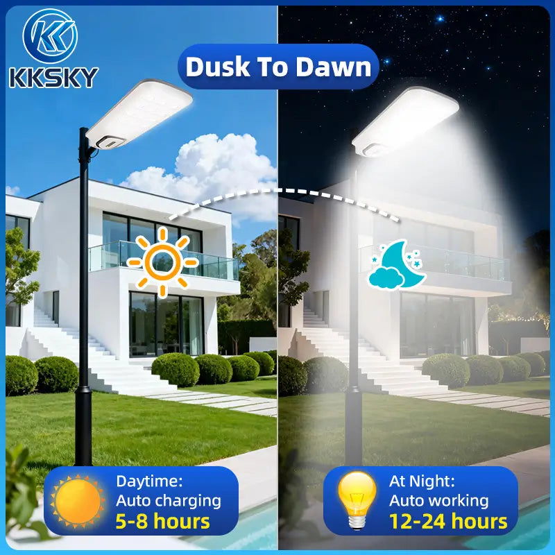 KKSKY solar powered light outdoor features a durable design, an automatic charging and working function at dusk to dawn
