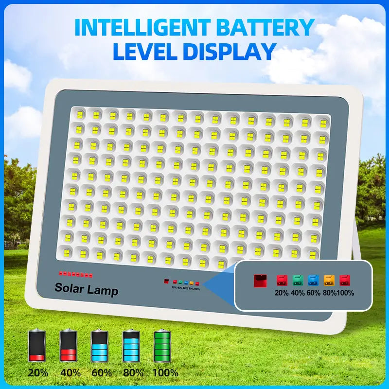 Solar flood street light with intelligent battery level display indicator, real‑time power status solar light outdoor waterproof