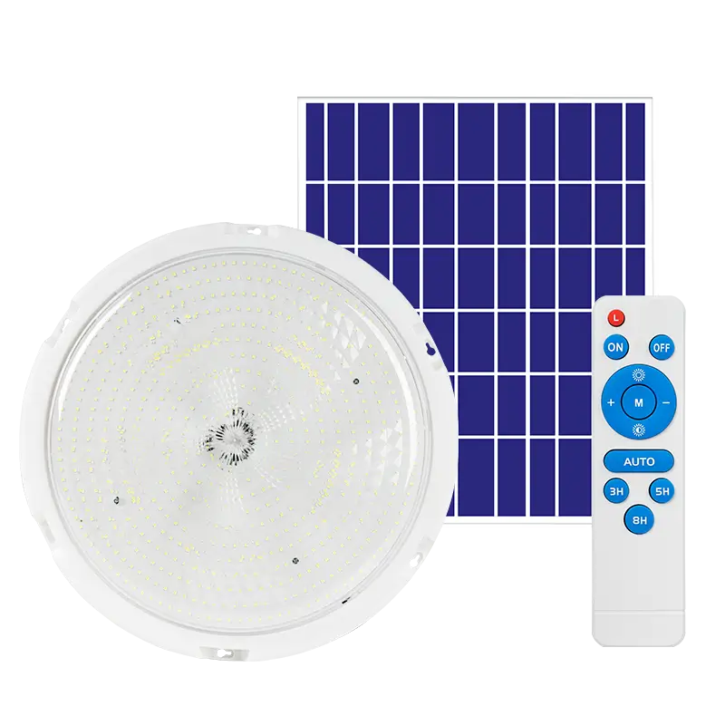 Solar LED ceiling light with separate solar panel and remote control, 3 color temperature, indoor solar ceiling lamp for home, warehouse and sari-sari store, white background