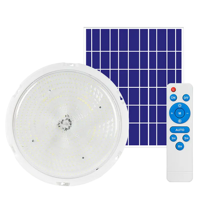 Solar LED ceiling light with separate solar panel and remote control, 3 color temperature, indoor solar ceiling lamp for home, warehouse and sari-sari store, white background