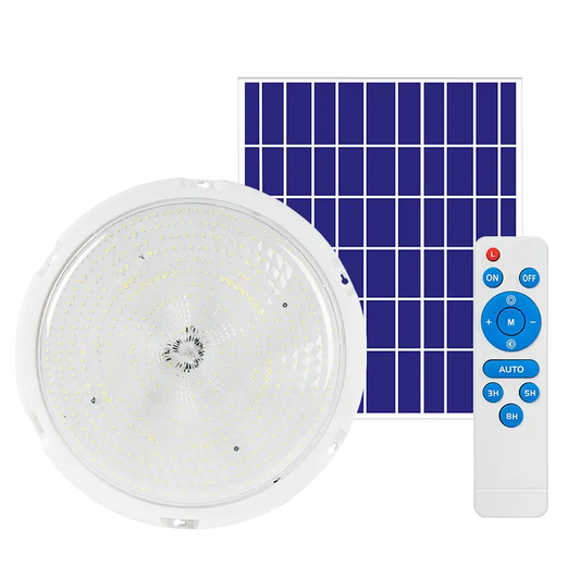 Solar LED ceiling light with separate solar panel and remote control, 3 color temperature, indoor solar ceiling lamp for home, warehouse and sari-sari store, white background