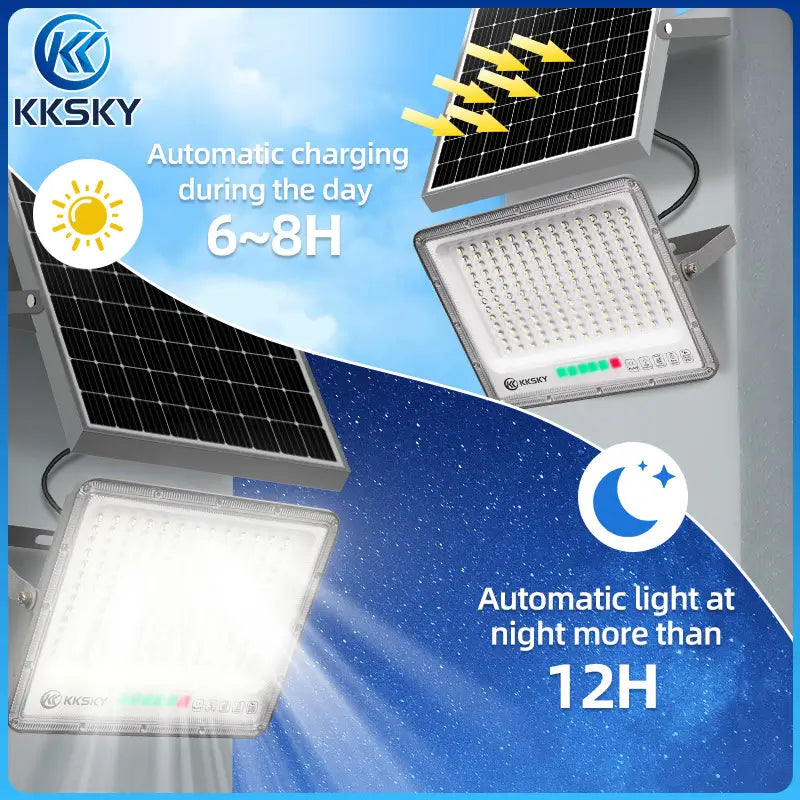 Solar outdoor flood street light auto charging daytime, auto light on at night over 12 hours working