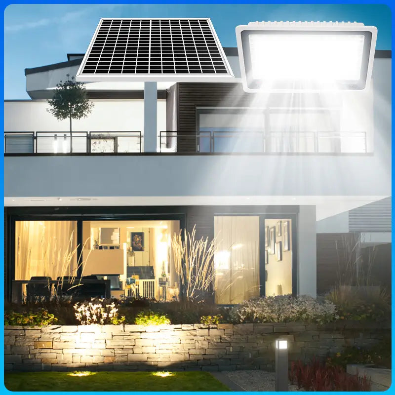 Solar flood light real‑world lighting effect on villa garden yard, IP67 solar street light outdoor home security lighting