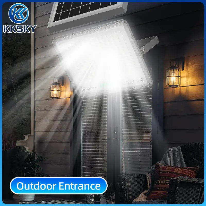 Solar waterproof led flood street light installed at home outdoor entrance for house exterior lighting