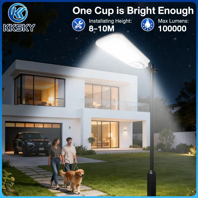 KKSKY solar flood light illuminating a residential driveway with high brightness output