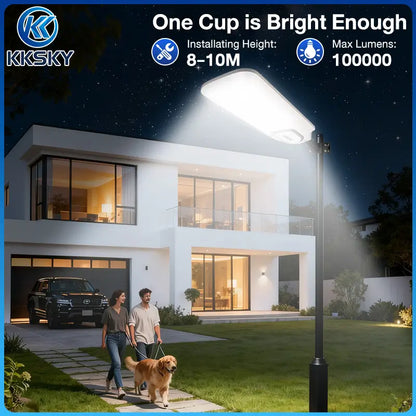 KKSKY solar flood light illuminating a residential driveway with high brightness output