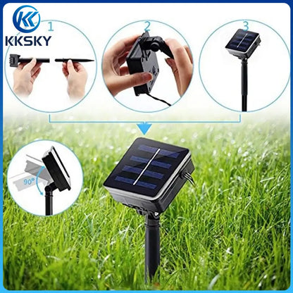 KKSKY step-by-step installation guide for solar panel of outdoor solar flower fairy lights, adjustable 90-degree solar panel bracket