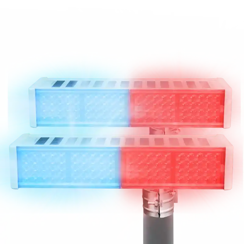 Double solar powered red blue LED warning strobe light, double-sided flashing beacon light for outdoor traffic safety warning