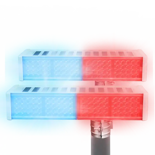 Double solar powered red blue LED warning strobe light, double-sided flashing beacon light for outdoor traffic safety warning