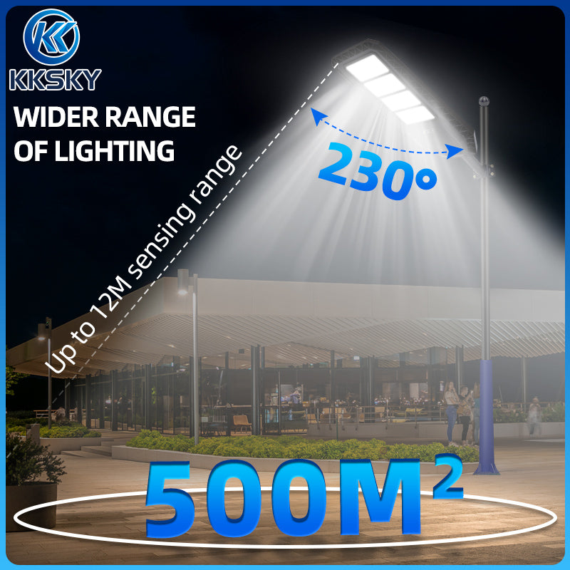 solar street light 230° wide lighting angle 12m sensing range cover 500m² outdoor area