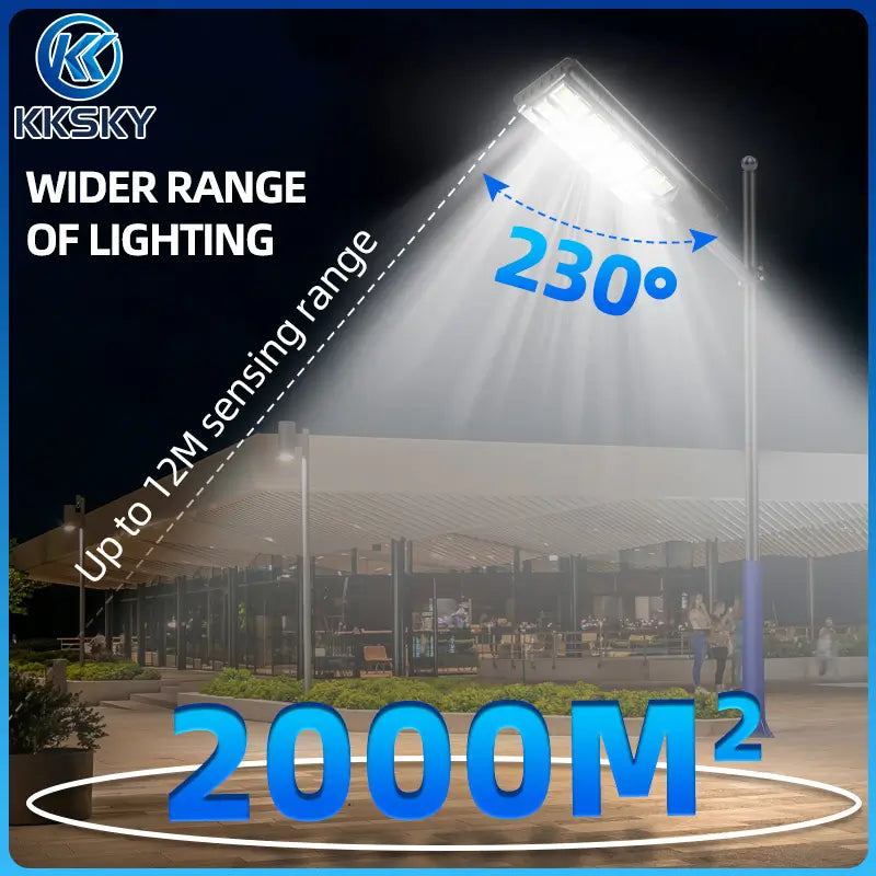 1500W solar street light 230° wide lighting angle, 12m radar sensing range, covers 2000 m² large area outdoor solar flood lamp