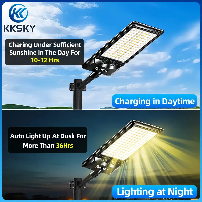 Outdoor solar street light charges daytime under sunlight,auto light up at dusk,long working hours dusk to dawn solar lamp