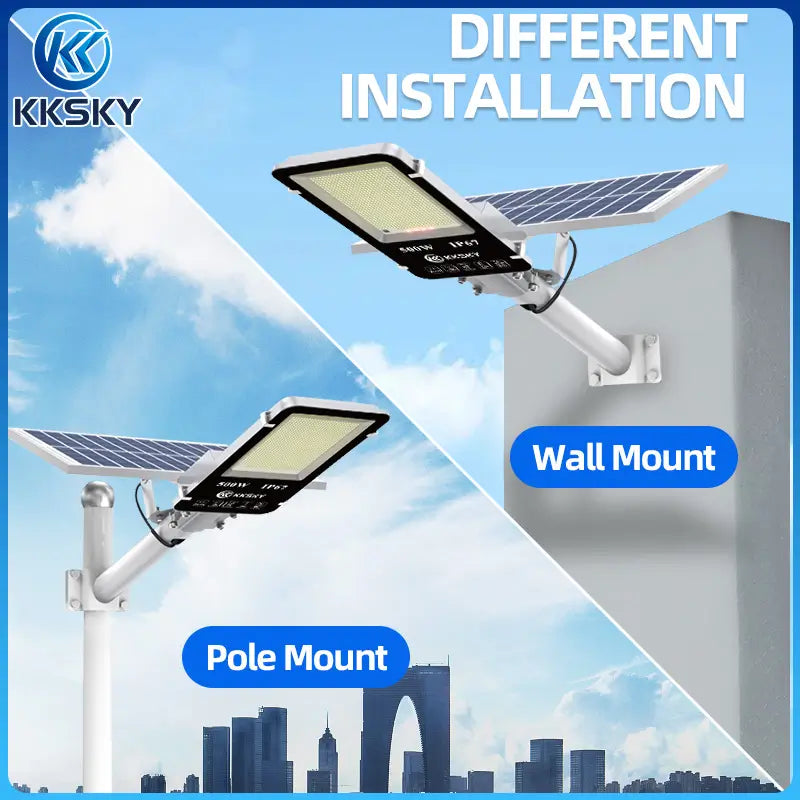 KKSKY solar street light two installation options, pole mount and wall mount, outdoor waterproof solar LED light for Philippines home, road and backyard`