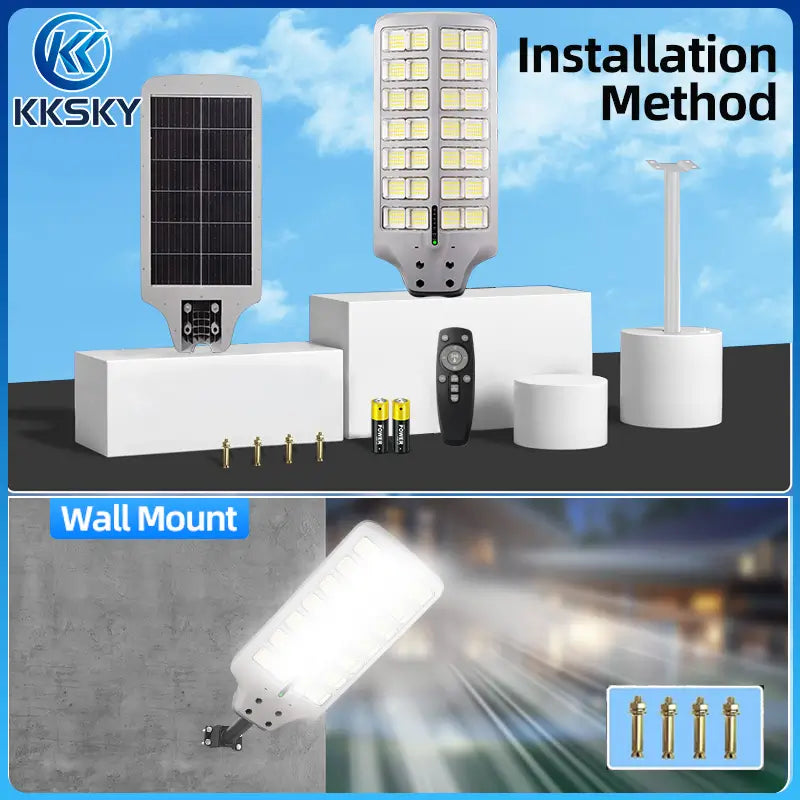 All in one solar street light package, wall mount and pole mount installation method with complete mounting hardware