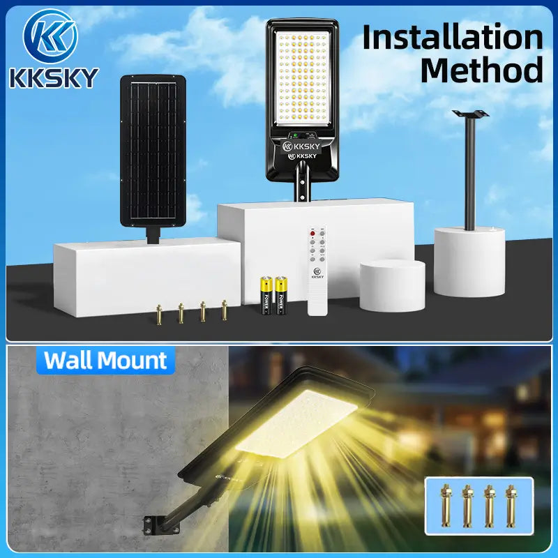 KKSKY solar street light installation method,wall mount and pole mount,comes with remote control and mounting hardware