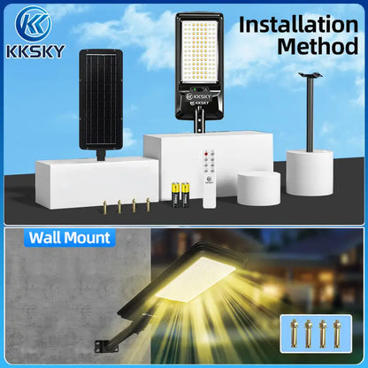 KKSKY solar street light installation method,wall mount and pole mount,comes with remote control and mounting hardware