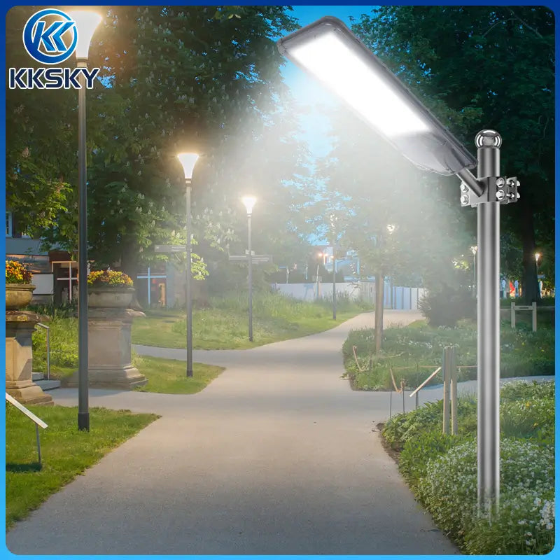 All in one solar street light outdoor real scene, lighting for garden, pathway, driveway and residential compound