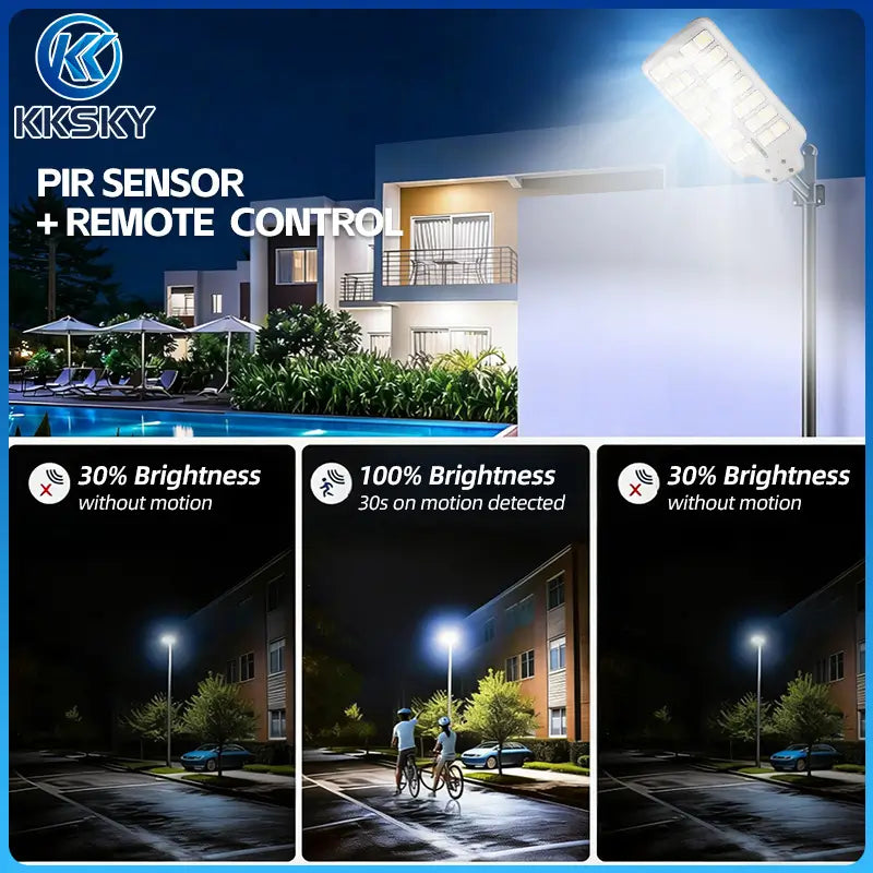 Solar street light with PIR motion sensor, auto adjust brightness 30% standby to 100% when motion detected, remote control