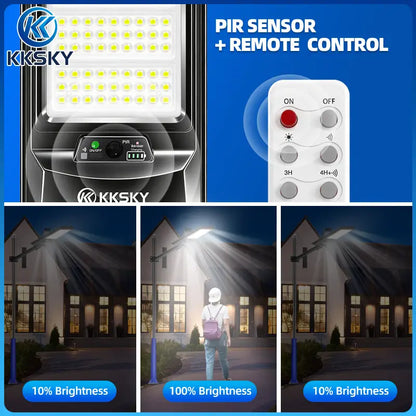 Solar street light PIR motion sensor and remote control, 10% and 100% adjustable brightness for outdoor yard