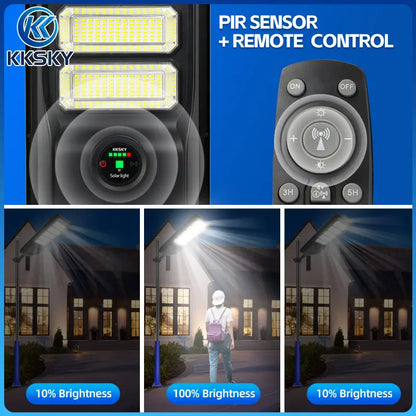 Solar street light with PIR human motion sensor and remote control, adjustable brightness mode 10% standby and 100% motion trigger
