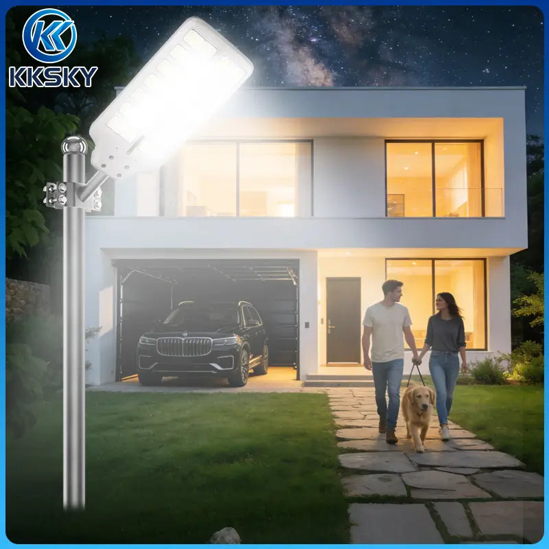 Solar street light pole mounted on house driveway, bright outdoor solar lamp lighting home garden at night, motion sensor solar street light