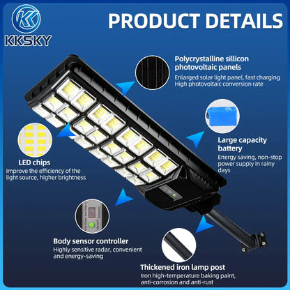 1500W solar street light product details: LED chips, polycrystalline solar panel, radar sensor controller, thickened anti‑rust bracket