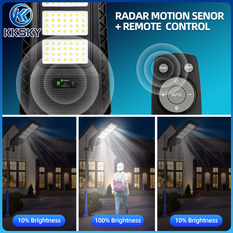 solar street light radar motion sensor auto brightness change with remote control night lighting demo