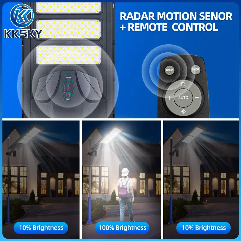 Solar street light with radar motion sensor and remote control, 10% standby brightness, 100% brightness when motion detected