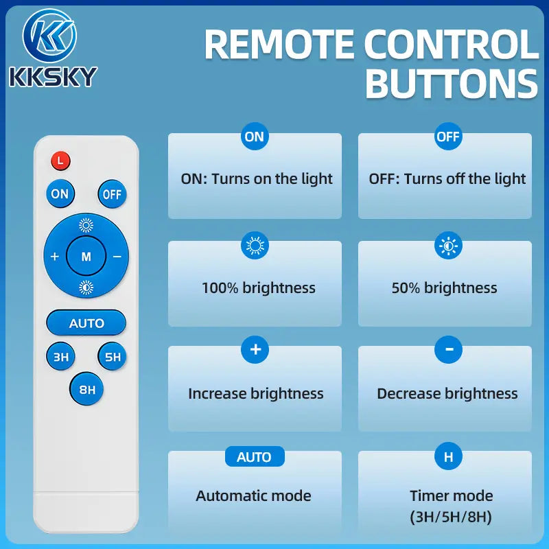 KKSKY solar street light remote control buttons guide, auto mode timer brightness adjust for outdoor solar led light