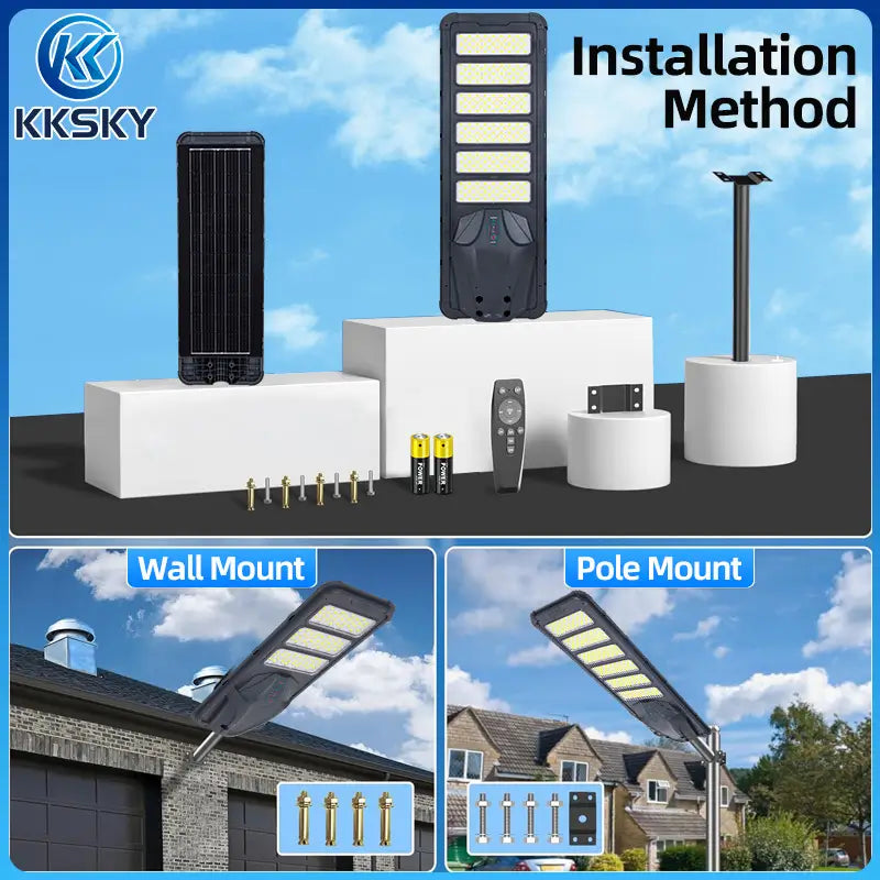 All in one solar street light installation method, wall mount and pole mount, complete mounting hardware included