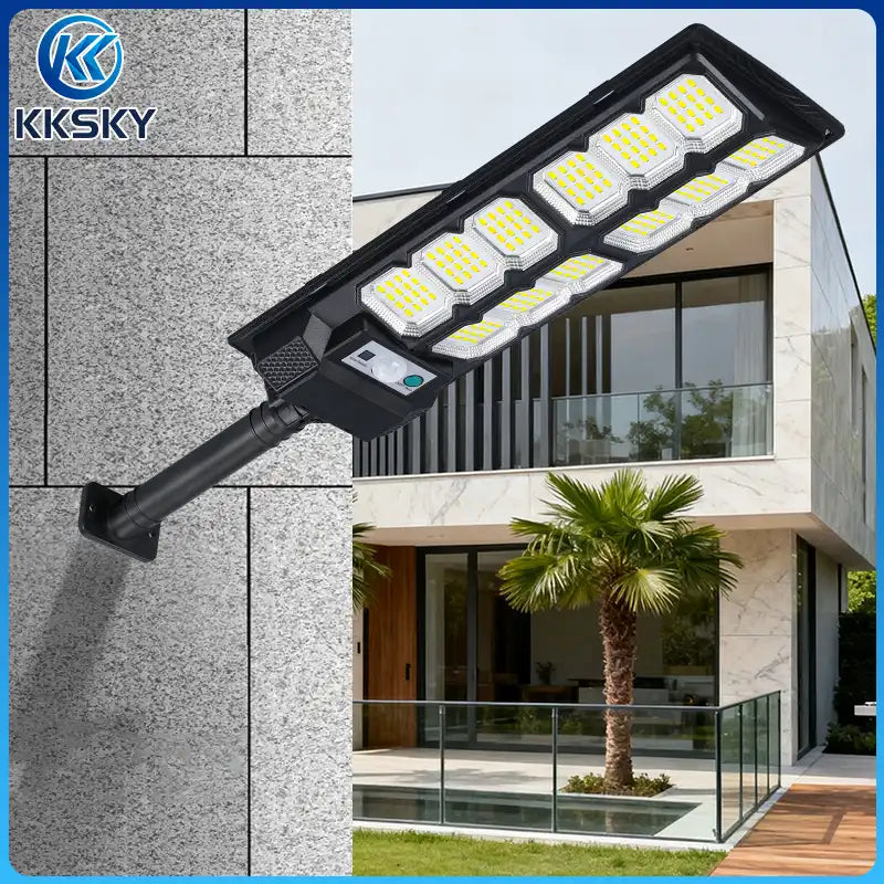 All‑in‑one solar street light wall mounted on modern house exterior, outdoor yard lighting application