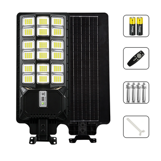 All in one solar street light with complete accessories, remote control, batteries, mounting screws and bracket, motion sensor outdoor solar road lamp, white background