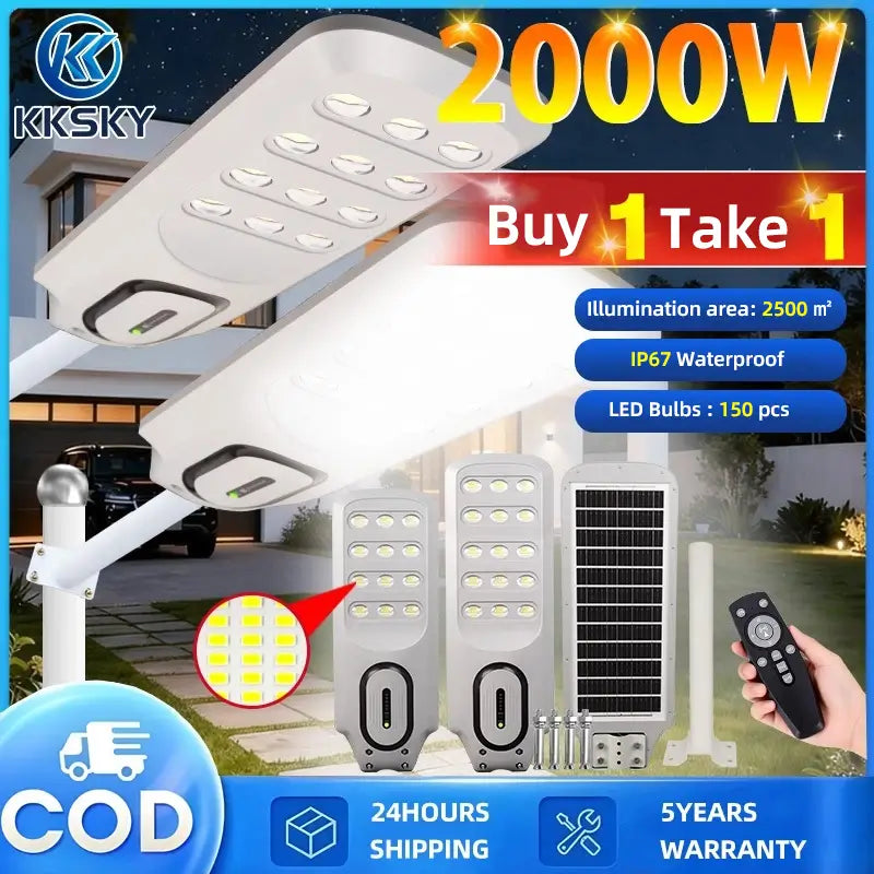KKSKY buy 1 take 1 high brightness 2000w solar outdoor light with solar panel, IP67 waterproof design and remote control