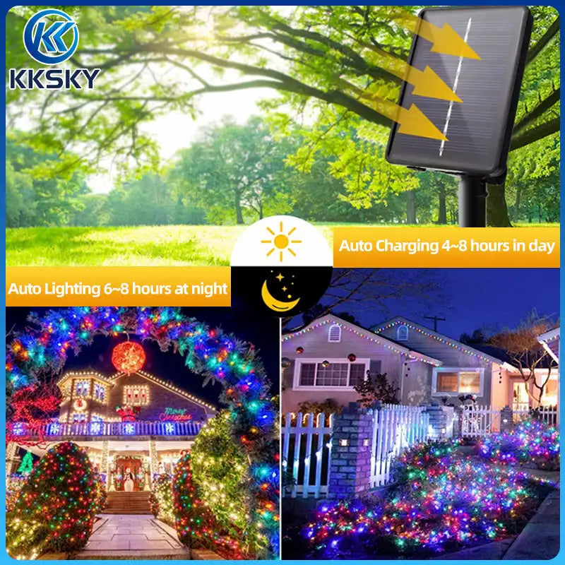 KKSKY solar Christmas lights auto charging 4-8 hours during day and auto lighting 6-8 hours at night