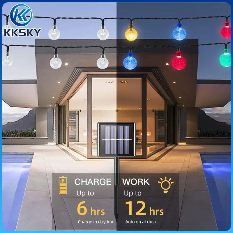 KKSKY solar string lights daytime charging up to 6 hours,auto light up 12 hours at dusk outdoor solar patio lights