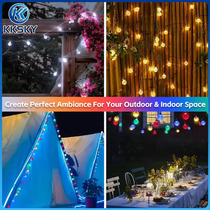 KKSKY solar string lights indoor and outdoor scene display,bubble globe solar fairy lights for patio,tent,dining and garden ambient decoration,Christmas and fiesta decor