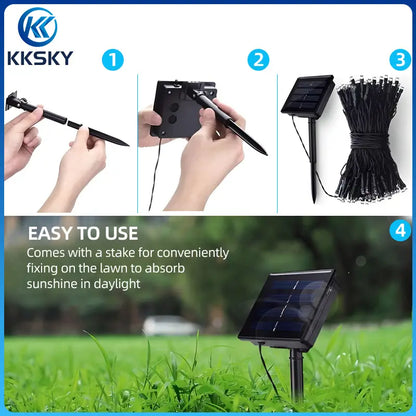 KKSKY solar string lights easy installation guide with ground stake,4-step setup showing how to assemble and install solar powered fairy lamps in lawn or garden