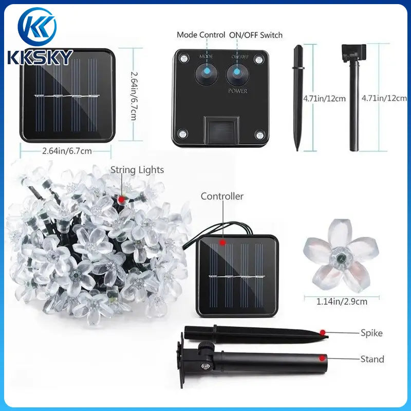 KKSKY solar flower string lights components and size diagram, solar panel, controller, ground spike and flower LED parts