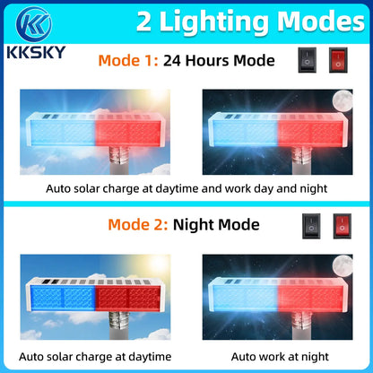 Solar red blue warning strobe light 2 working modes, 24 hours mode and dusk night auto mode