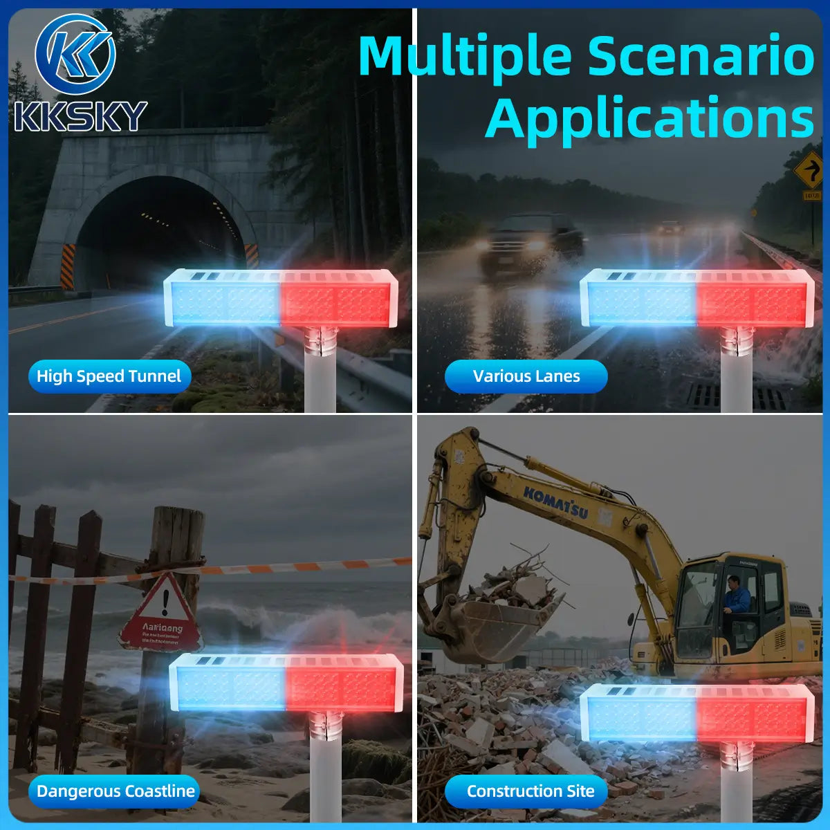 Solar LED warning strobe light multiple scenario use, highway tunnel, road lanes, coastline and construction site safety