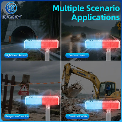 Solar LED warning strobe light multiple scenario use, highway tunnel, road lanes, coastline and construction site safety