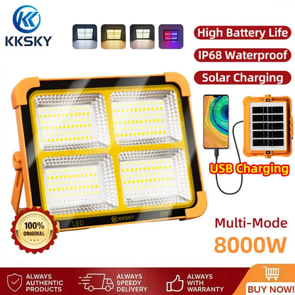 KKSKY KKSKY IP68 waterproof solar LED camping flood light 8000W multi light modes, solar & USB dual charging emergency lamp with power bank function