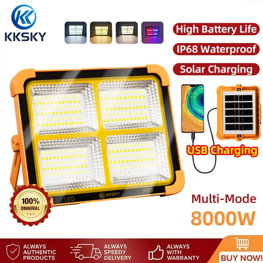 KKSKY KKSKY IP68 waterproof solar LED camping flood light 8000W multi light modes, solar & USB dual charging emergency lamp with power bank function