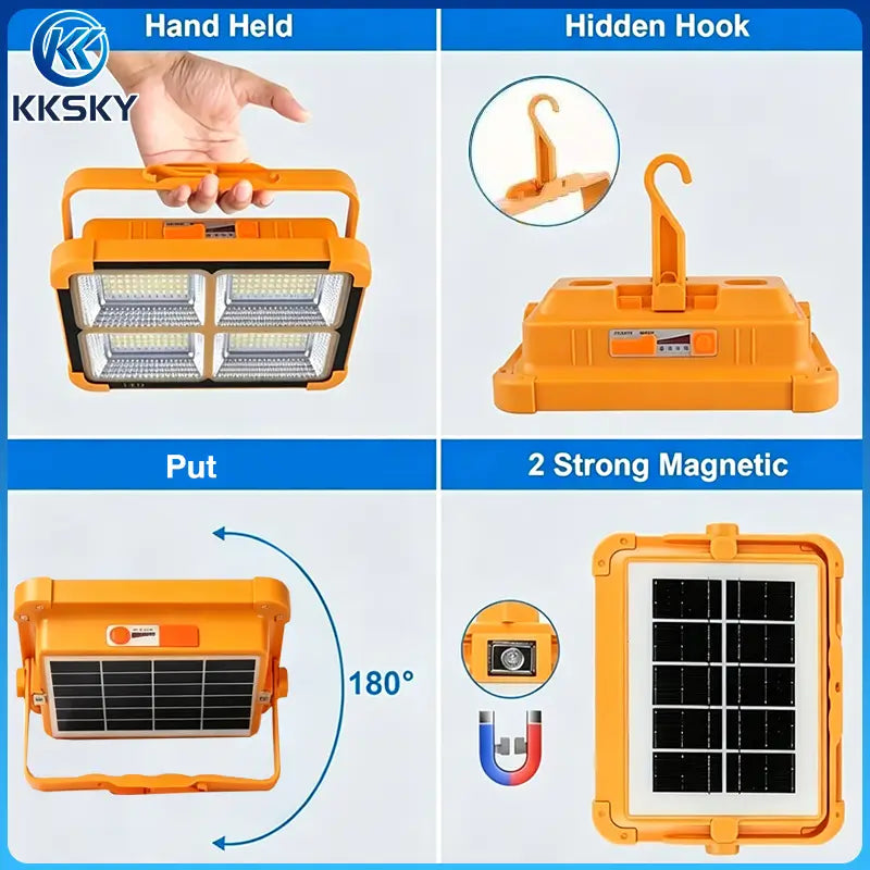 KKSKY portable solar light multi installation design: hand held, hidden hook, 180° adjustable stand, strong magnetic back for outdoor use