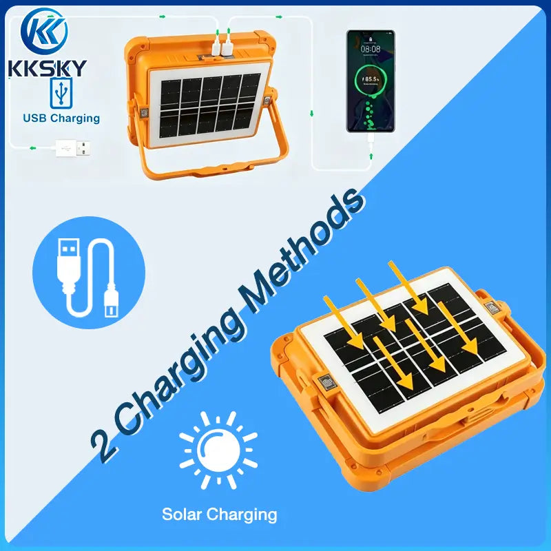 KKSKY solar camping light back panel with USB input output port, power indicator & switch button, built-in 12000mAh power bank